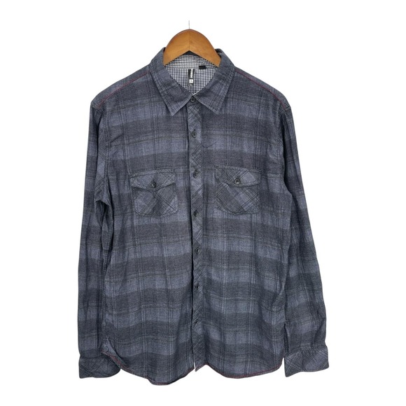 Ocean Current Plaid Shirt Men Western Preppy Roll Tab Gray Button Cotton Size L - Picture 3 of 13